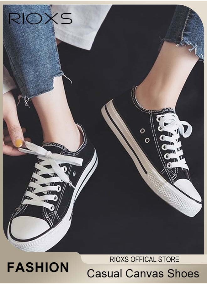 RIOXS Women's Classic Canvas Shoes, Low Top Lace Up Shoes, Fashionable Casual Flat Shoes, High-quality Breathable Trainers with Non-slip Rubber Sole, Suitable for Work, Sports, Shopping, Hiking, Running and Other Occasions, Ladies Athlesiure Shoes  - Image 3