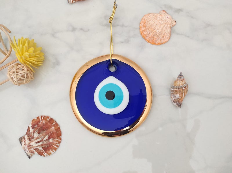 Erbulus 3.5" Glass Blue Evil Eye Wall Hanging Gold Ornament - Turkish Nazar Bead - Home Protection Charm - Gold Wall Decor Amulet in a Box (Medium) - Image 4