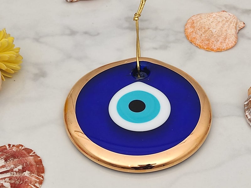 Erbulus 3.5" Glass Blue Evil Eye Wall Hanging Gold Ornament - Turkish Nazar Bead - Home Protection Charm - Gold Wall Decor Amulet in a Box (Medium) - Image 5