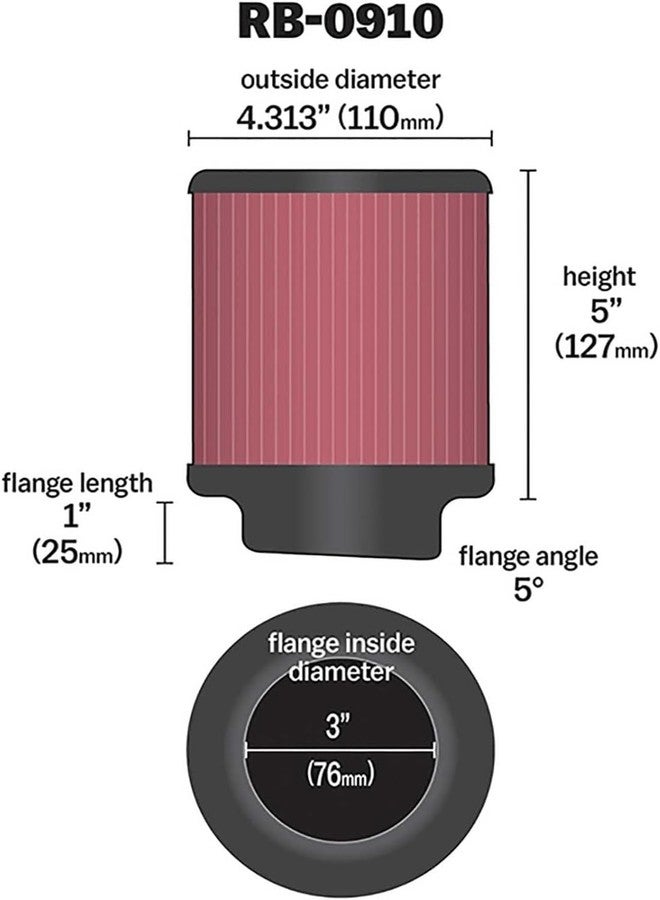 كيه آند إن فلتر هواء K&N عالي التدفق الأصلي، عالمي التثبيت، قابل للغسل: أداء عالٍ، ممتاز، قابل للغسل: قطر الحافة: 3 بوصات، ارتفاع الفلتر: 5 بوصات، طول الحافة: 1 بوصة، الشكل: دائري، RB-0910 - Image 2