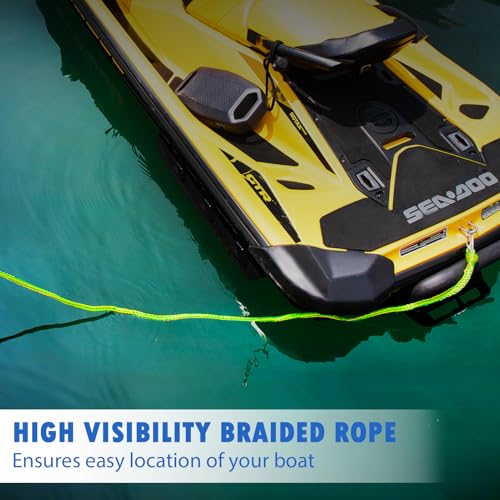 Obcursco PWC Dock Lines 1/2'x (7ft & 14ft), Jet Ski Mooring Dock Line Tie Pontoon Accessories for Waverunner, Kayak Tow Lines with 316 Stainless Steel Clip (Green & Yellow) - Image 2