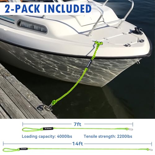 Obcursco PWC Dock Lines 1/2'x (7ft & 14ft), Jet Ski Mooring Dock Line Tie Pontoon Accessories for Waverunner, Kayak Tow Lines with 316 Stainless Steel Clip (Green & Yellow) - Image 4