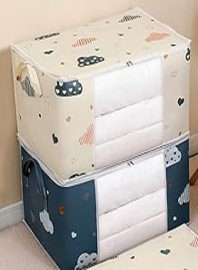 2 Pack Clothes Storage Bins with Sturdy Handles, 2 Foldable Closet Organizer Storage Containers for Clothes, Blankets, Comforters, Bedsheets, Pillows - Assorted Colors (52 x 37 x 42 cm, 3) 2 Pack 