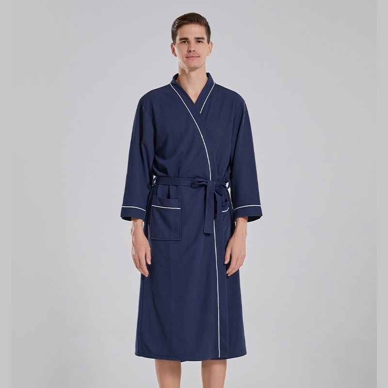 Cross-border waffle thin bathrobe female strong absorbent hotel couple bathrobe sauna long mens nightgown manufacturers navy blue  - Image 1