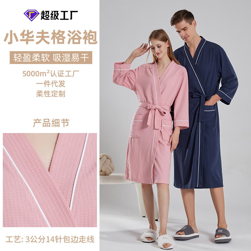Cross-border waffle thin bathrobe female strong absorbent hotel couple bathrobe sauna long mens nightgown manufacturers navy blue  - Image 5