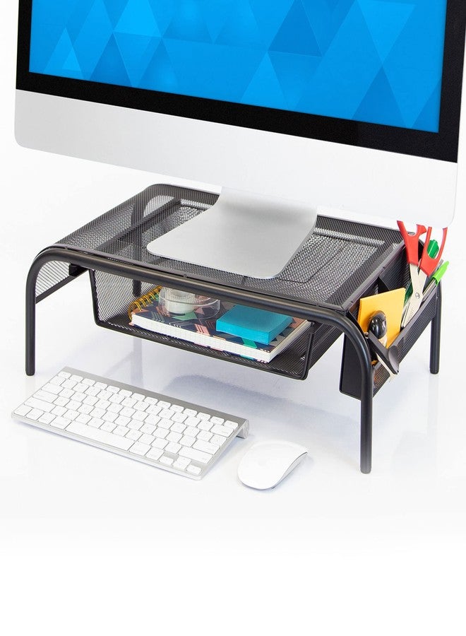 Mount-It! Metal Mesh Monitor Stand with Drawer, Ergonomic Desk Organizer and Riser for Monitors and Laptops, Desktop Stand with Extra Storage and Side Pocket, Black - Image 2