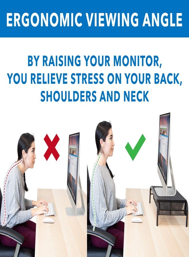 Mount-It! Metal Mesh Monitor Stand with Drawer, Ergonomic Desk Organizer and Riser for Monitors and Laptops, Desktop Stand with Extra Storage and Side Pocket, Black - Image 4