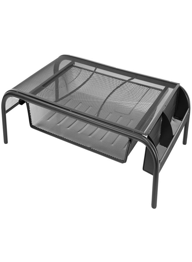 Mount-It! Metal Mesh Monitor Stand with Drawer, Ergonomic Desk Organizer and Riser for Monitors and Laptops, Desktop Stand with Extra Storage and Side Pocket, Black - Image 1