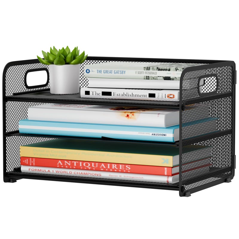 GDINDINFAN 3 Tier Paper Letter Tray Organizer for Desk, Mesh File Folder Document Organizer with Handle for Home Office Supplies Desktop Accessories, Black - Image 1