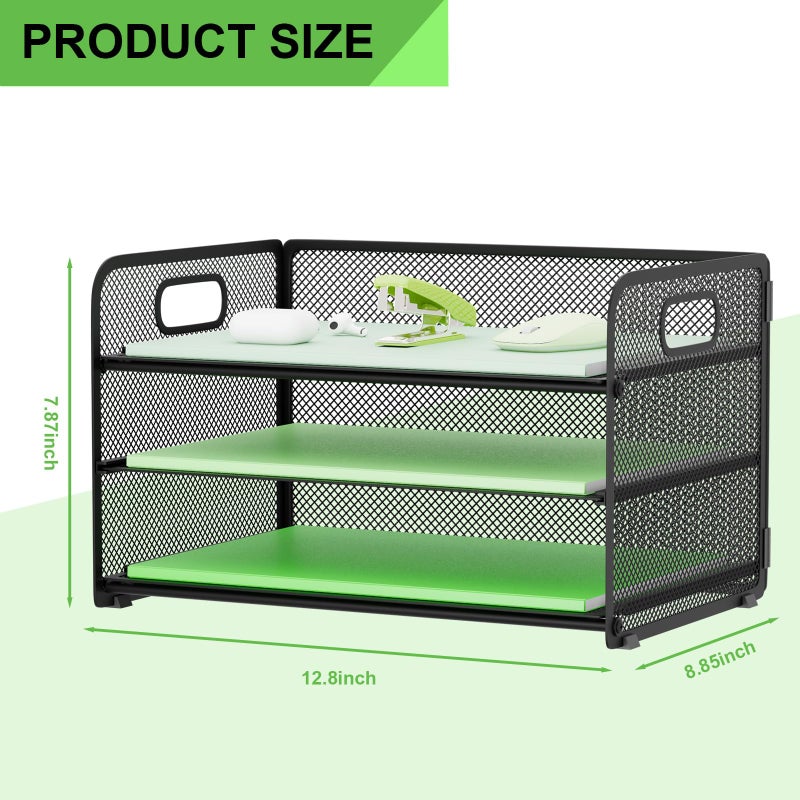 GDINDINFAN 3 Tier Paper Letter Tray Organizer for Desk, Mesh File Folder Document Organizer with Handle for Home Office Supplies Desktop Accessories, Black - Image 3
