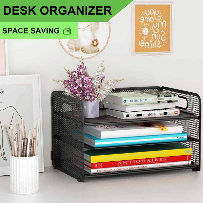 GDINDINFAN 3 Tier Paper Letter Tray Organizer for Desk, Mesh File Folder Document Organizer with Handle for Home Office Supplies Desktop Accessories, Black - Image 2
