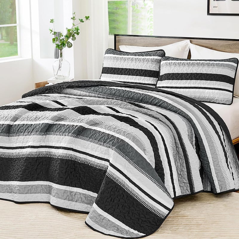 WONGS BEDDING مجموعة بطانيات من WONGS لحجم كوين، تتكون من 3 قطع: غطاء سرير بألوان زرقاء معدنية مخطوطة، بطانيات خفيفة الوزن لجميع المواسم، مقاس 96" × 90". - Image 1