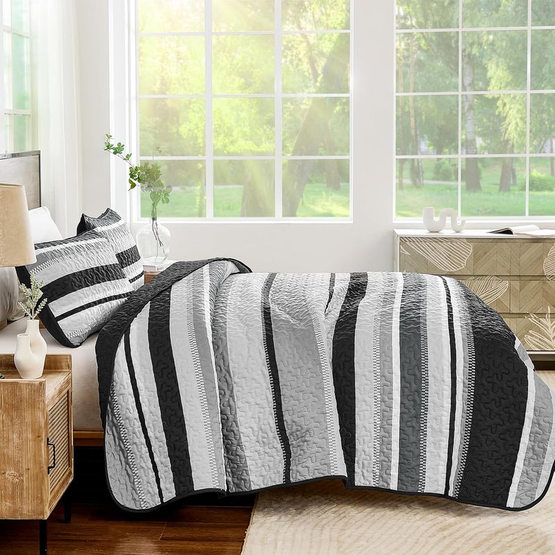 WONGS BEDDING مجموعة بطانيات من WONGS لحجم كوين، تتكون من 3 قطع: غطاء سرير بألوان زرقاء معدنية مخطوطة، بطانيات خفيفة الوزن لجميع المواسم، مقاس 96" × 90". - Image 3