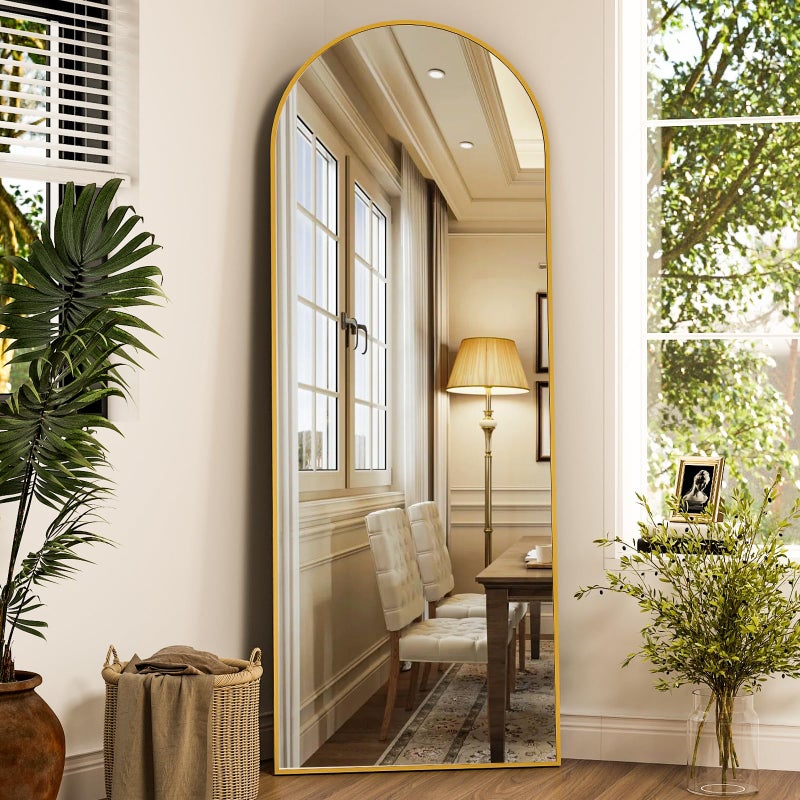 XRAMFY Arched Full Length Mirror, 64" x 21" Arch Floor Mirror with Stand, Full Length Wall Mirror Hanging or Leaning Arched-Top Full Body with Stand for Bedroom, Dressing Room, Gold - Image 1