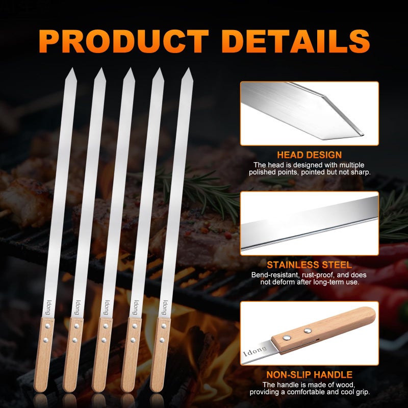 Idong 10 PCS Kabob Skewers 23.6" Flat Stainless Steel BBQ Skewers for Grilling Meat with Wood Handle and Tip Guards, Heavy Duty Reusable for Koobideh Persian Brazilian Shish Kebab (Natural wood) - Image 3