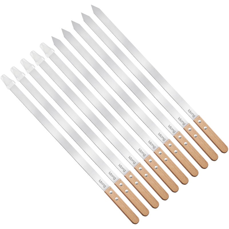 Idong 10 PCS Kabob Skewers 23.6" Flat Stainless Steel BBQ Skewers for Grilling Meat with Wood Handle and Tip Guards, Heavy Duty Reusable for Koobideh Persian Brazilian Shish Kebab (Natural wood) - Image 1