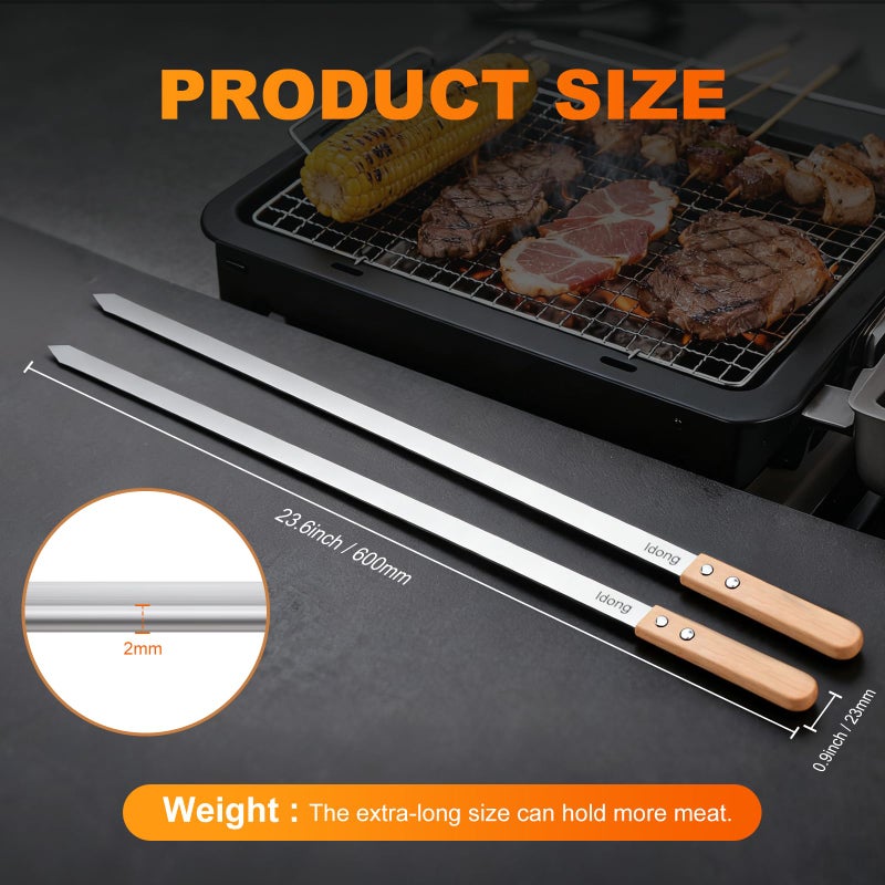 Idong 10 PCS Kabob Skewers 23.6" Flat Stainless Steel BBQ Skewers for Grilling Meat with Wood Handle and Tip Guards, Heavy Duty Reusable for Koobideh Persian Brazilian Shish Kebab (Natural wood) - Image 2