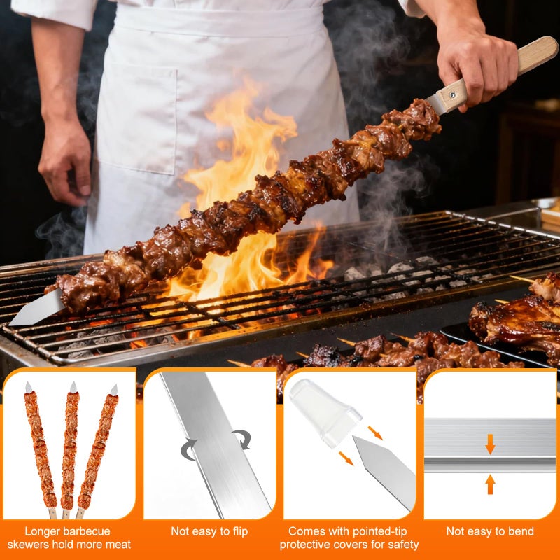 Idong 10 PCS Kabob Skewers 23.6" Flat Stainless Steel BBQ Skewers for Grilling Meat with Wood Handle and Tip Guards, Heavy Duty Reusable for Koobideh Persian Brazilian Shish Kebab (Natural wood) - Image 5