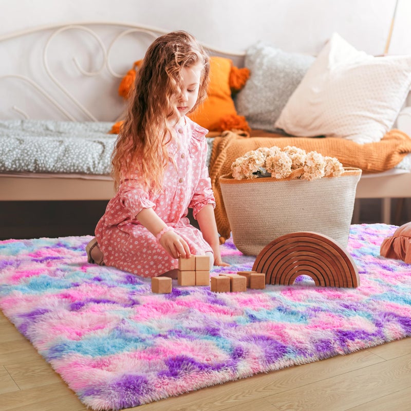 Tepook Soft Rainbow Rug for Girls Room, Cute Fluffy Girls Bedroom Rugs, 4x6 Feet Shaggy Princess Rug Colorful Carpet for Kids Teens Toddler Playroom Nursery Reading Nook, Hot Pink - Image 5