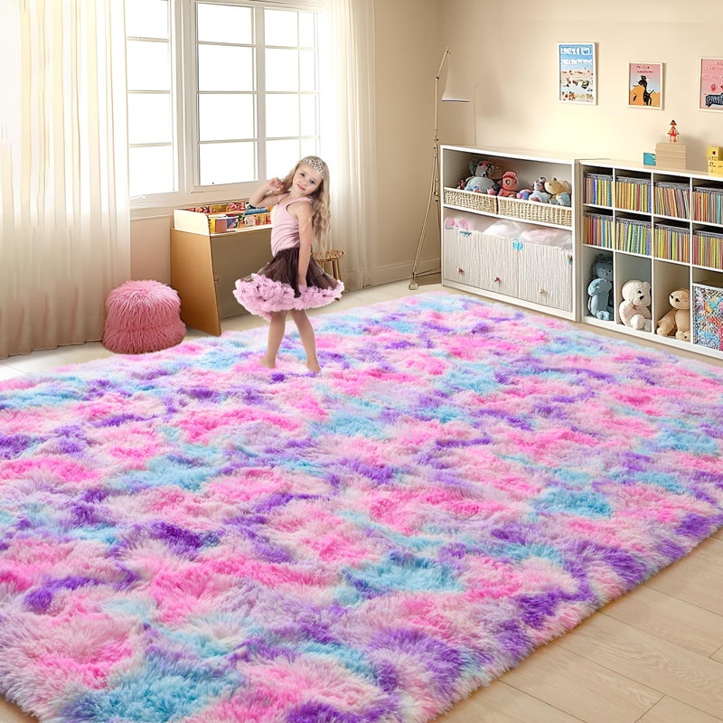 Tepook Soft Rainbow Rug for Girls Room, Cute Fluffy Girls Bedroom Rugs, 4x6 Feet Shaggy Princess Rug Colorful Carpet for Kids Teens Toddler Playroom Nursery Reading Nook, Hot Pink - Image 3