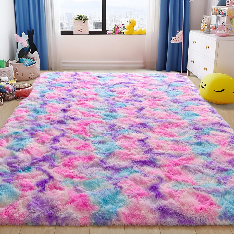 Tepook Soft Rainbow Rug for Girls Room, Cute Fluffy Girls Bedroom Rugs, 4x6 Feet Shaggy Princess Rug Colorful Carpet for Kids Teens Toddler Playroom Nursery Reading Nook, Hot Pink - Image 2