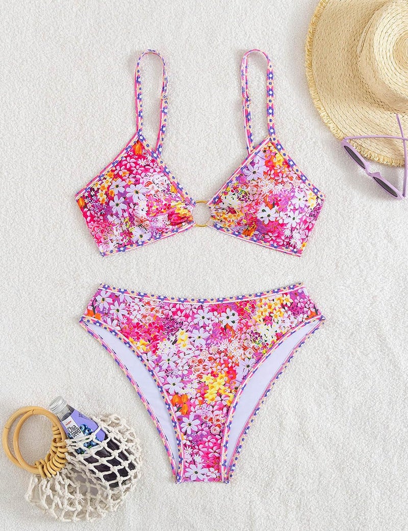 Tainehs Women's Two Piece Bikini Sets O Ring Front Top Ditsy Floral Triangle Swimsuits Cheeky Bathing Suit - Image 4
