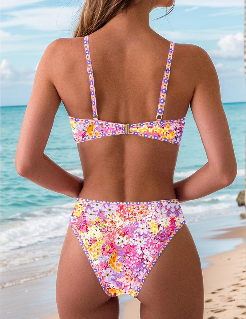 Tainehs Women's Two Piece Bikini Sets O Ring Front Top Ditsy Floral Triangle Swimsuits Cheeky Bathing Suit - Image 3
