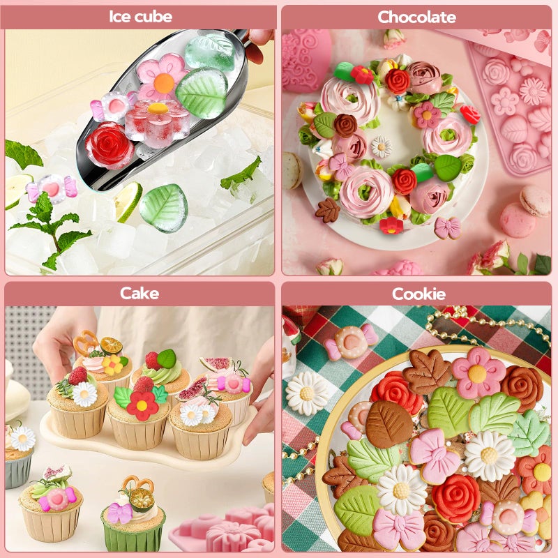 Firleayo 2 Pack Flower Silicone Molds Easter Candy Molds Flowers Theme Chocolate Mold Daisy Leaf Bowknot Candy Mold Spring Flowers Candle Baking Tray for Wax Melts Muffin Pudding Mousse - Image 4