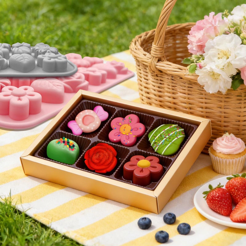 Firleayo 2 Pack Flower Silicone Molds Easter Candy Molds Flowers Theme Chocolate Mold Daisy Leaf Bowknot Candy Mold Spring Flowers Candle Baking Tray for Wax Melts Muffin Pudding Mousse - Image 2