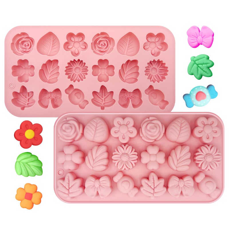 Firleayo 2 Pack Flower Silicone Molds Easter Candy Molds Flowers Theme Chocolate Mold Daisy Leaf Bowknot Candy Mold Spring Flowers Candle Baking Tray for Wax Melts Muffin Pudding Mousse - Image 1