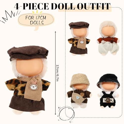 Simgoing 4 Set Winter Kawaii 17cm Doll Outfits Suit Valentines Day Gift Top Skirt Overalls Sweaters Hat Scarf Bag Maillard Style Doll Clothes Accessories for Dress up Set Adorable Outfits - Image 5