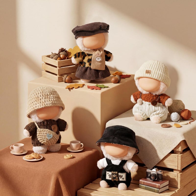 Simgoing 4 Set Winter Kawaii 17cm Doll Outfits Suit Valentines Day Gift Top Skirt Overalls Sweaters Hat Scarf Bag Maillard Style Doll Clothes Accessories for Dress up Set Adorable Outfits - Image 3