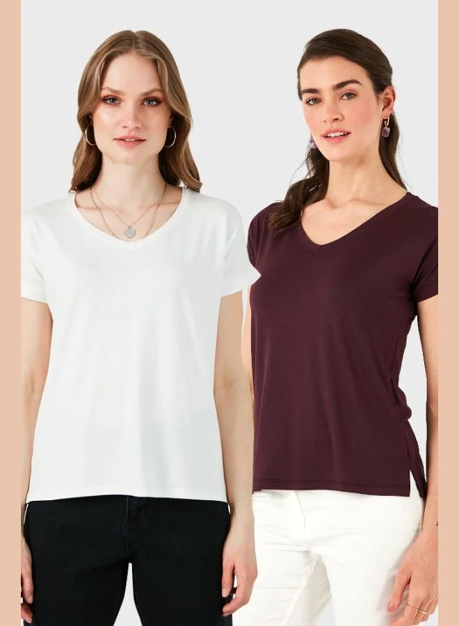 ليلا بلوزة نسائية بياقة على شكل حرف ، قصة مريحة، تفاصيل فتحات جانبية، عبوة من قطعتين