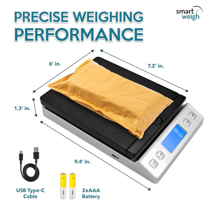 Smart Weigh ميزان شحن بريدي رقمي، سعة 66 رطل، دقة 0.1 أونصة، وظيفة الثبات والوزن الصافي، ميزان عالي الدقة، يشمل البطاريات وUSB-C - Image 3