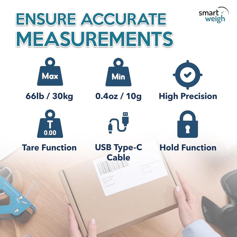 Smart Weigh ميزان شحن بريدي رقمي، سعة 66 رطل، دقة 0.1 أونصة، وظيفة الثبات والوزن الصافي، ميزان عالي الدقة، يشمل البطاريات وUSB-C - Image 5