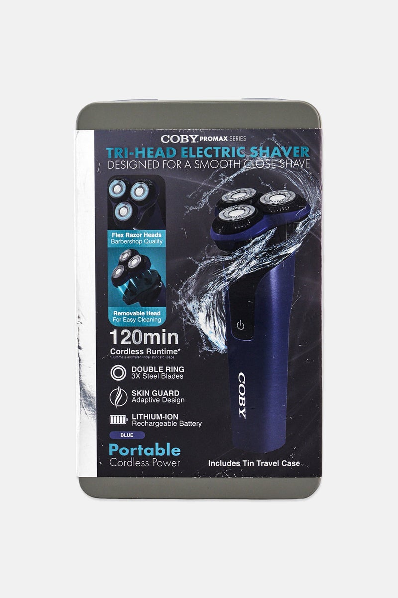 COBY Tri-Head Electric Shaver With Tin Travel Case, Navy - Image 1