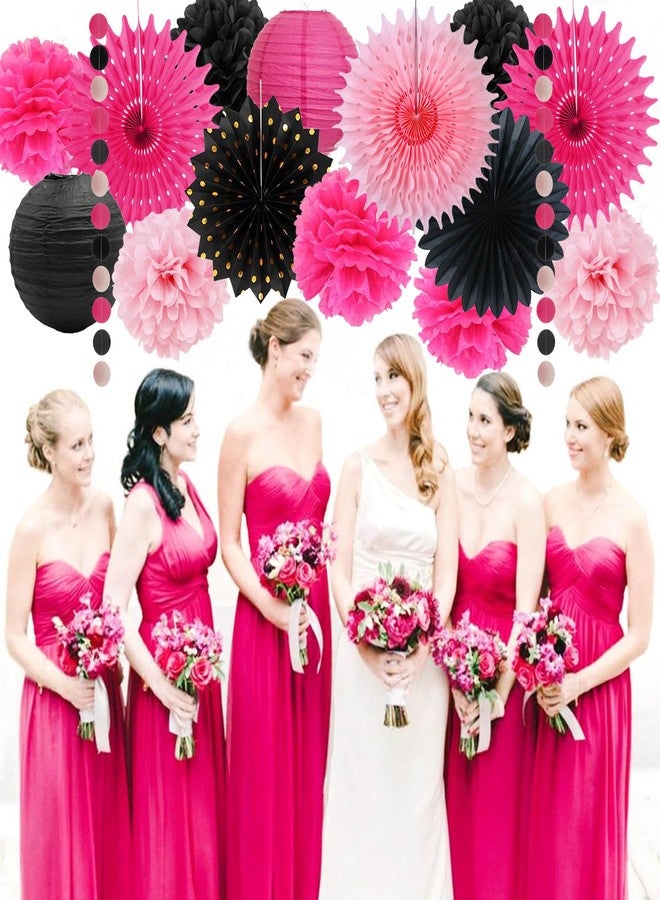 FETETIJD Hot Pink Party Decorations for Girls Women Hot Pink and Black Tissue Pom Poms Hanging Paper Fans Paper Lanterns Fuchsia Pink Bridal Shower Wedding Birthday Graduation Bachelorette Party Decoration - Image 3