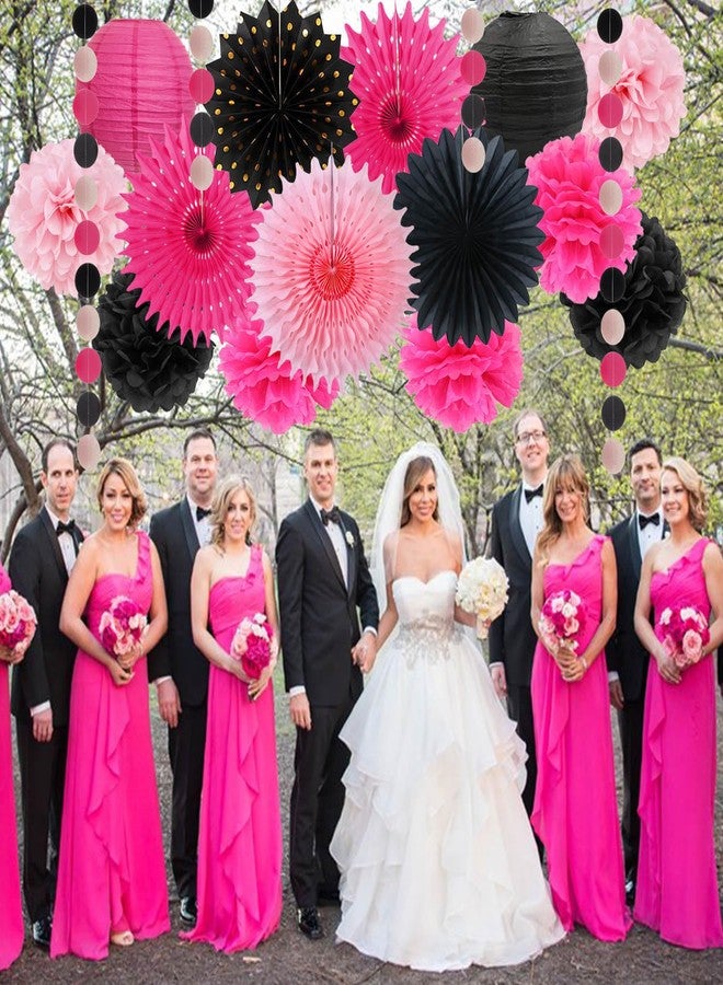 FETETIJD Hot Pink Party Decorations for Girls Women Hot Pink and Black Tissue Pom Poms Hanging Paper Fans Paper Lanterns Fuchsia Pink Bridal Shower Wedding Birthday Graduation Bachelorette Party Decoration - Image 5