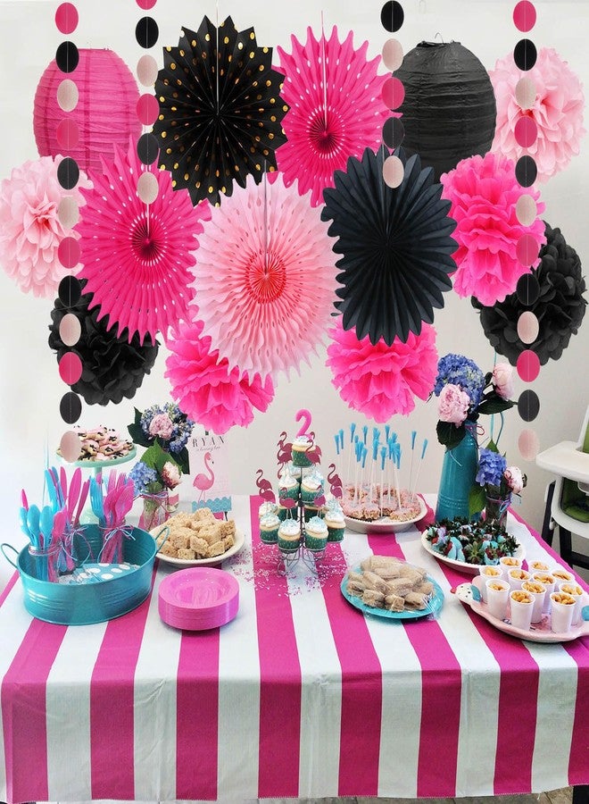 FETETIJD Hot Pink Party Decorations for Girls Women Hot Pink and Black Tissue Pom Poms Hanging Paper Fans Paper Lanterns Fuchsia Pink Bridal Shower Wedding Birthday Graduation Bachelorette Party Decoration - Image 4
