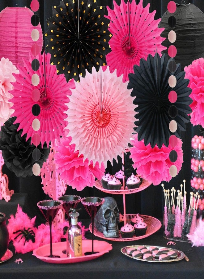 FETETIJD Hot Pink Party Decorations for Girls Women Hot Pink and Black Tissue Pom Poms Hanging Paper Fans Paper Lanterns Fuchsia Pink Bridal Shower Wedding Birthday Graduation Bachelorette Party Decoration - Image 2