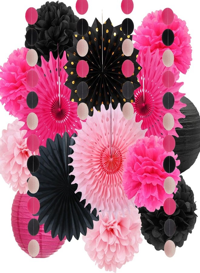 FETETIJD Hot Pink Party Decorations for Girls Women Hot Pink and Black Tissue Pom Poms Hanging Paper Fans Paper Lanterns Fuchsia Pink Bridal Shower Wedding Birthday Graduation Bachelorette Party Decoration - Image 1