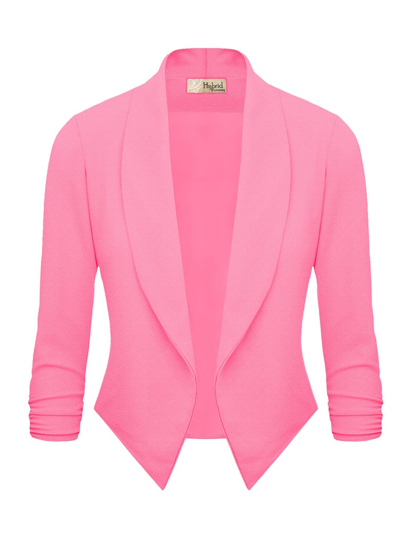 Hybrid & Company Lightweight Open Front Cardigan Classic Ruched Sleeve Work Office Blazer Suit Jackets JK1133 NEON Pink Medium - Image 2