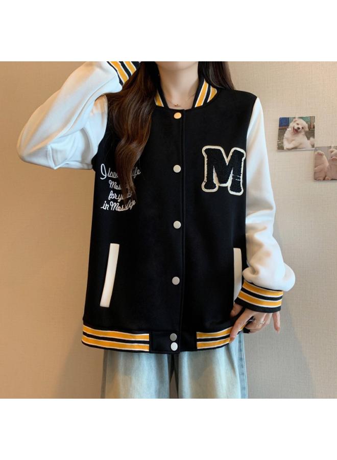 Autumn And Winter Fleece-lined Korean Style Loose Age-reducing Baseball Uniform Plus Size Women's Casual Long-sleeved Jacket For Women