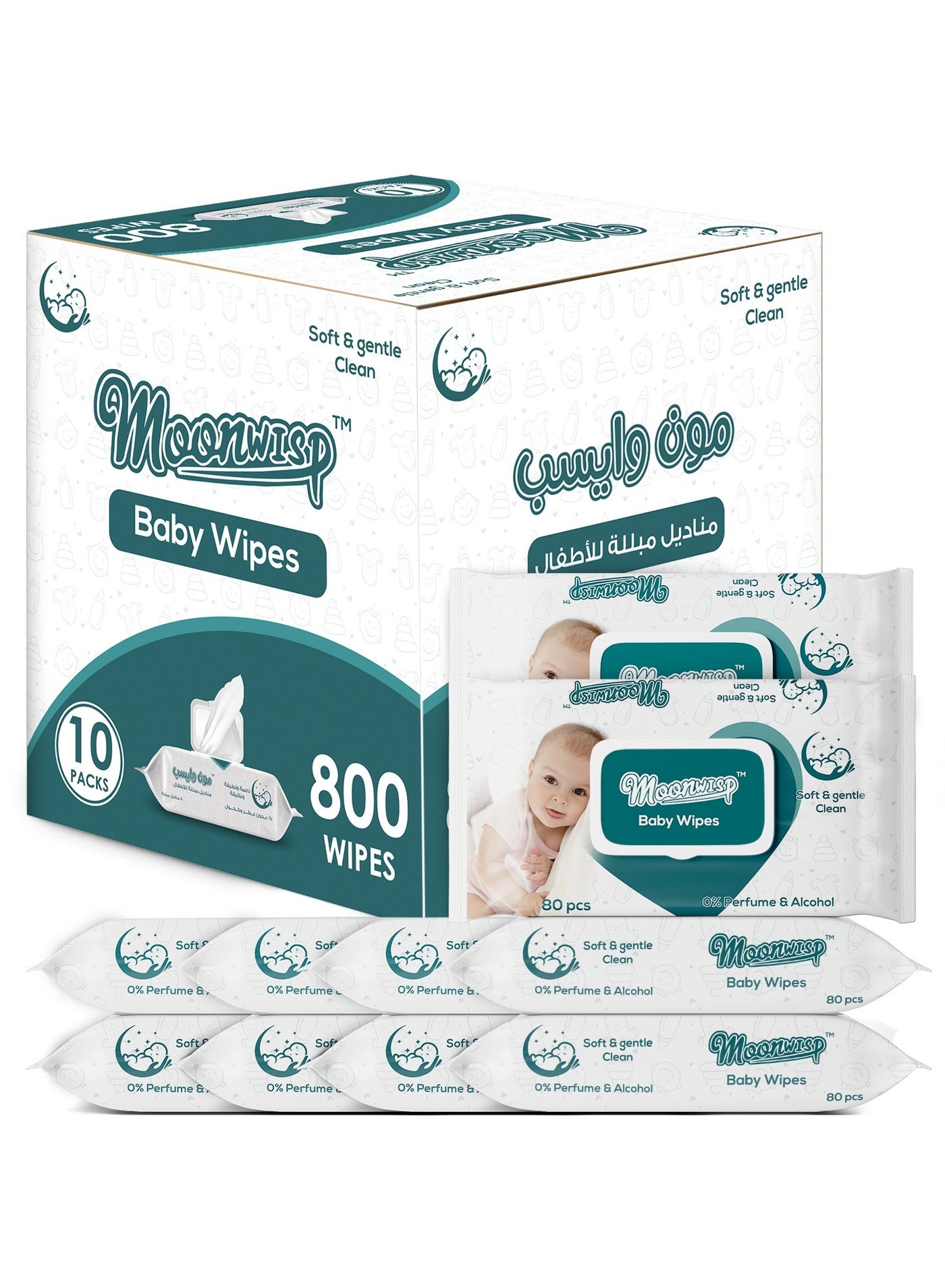 Moonwisp Baby Wipes - Unscented, Alcohol-Free, Water-Based Wipes for Baby Care - Soft and Gentle Baby Wet Wipes for Everyday Baby Cleaning (Pack of 10-800 Count)