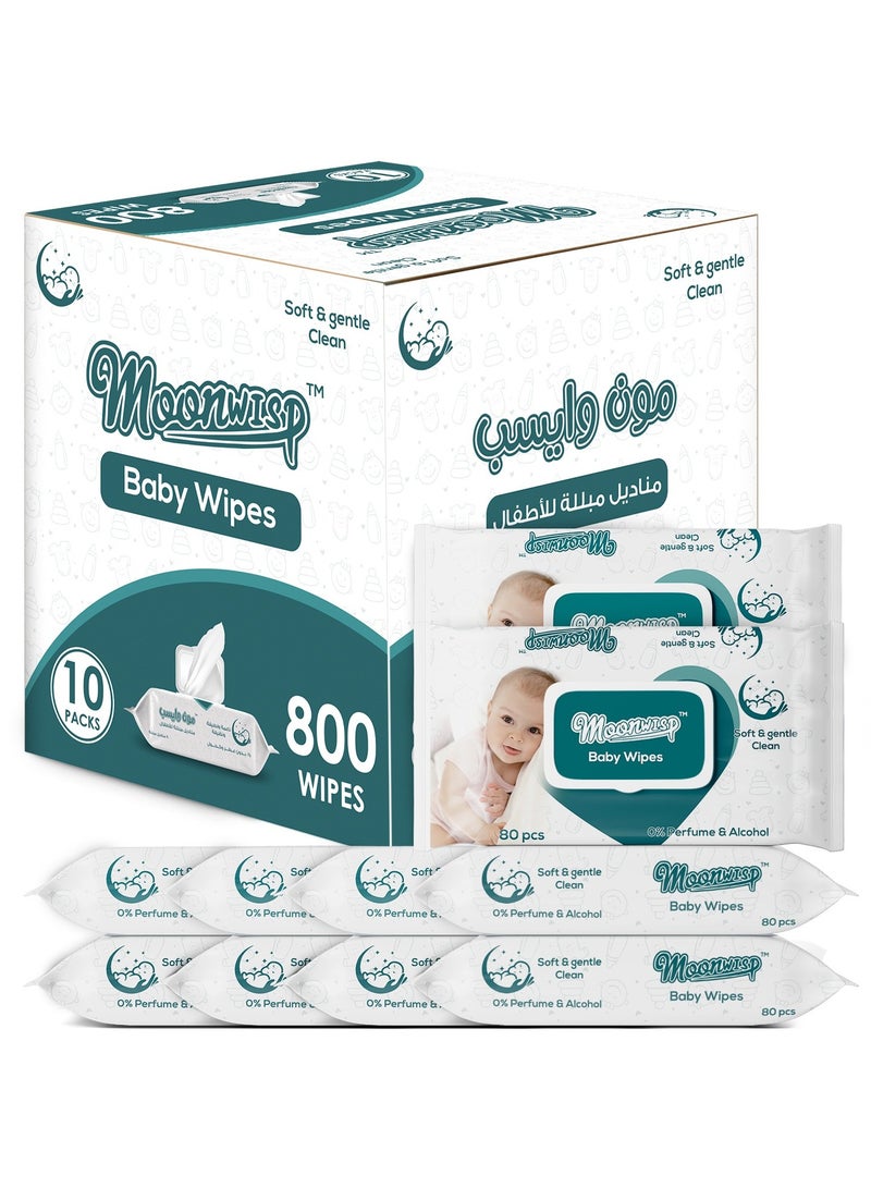 Moonwisp Baby Wipes - Unscented, Alcohol-Free, Water-Based Wipes for Baby Care - Soft and Gentle Baby Wet Wipes for Everyday Baby Cleaning (Pack of 10 - 800 Count)