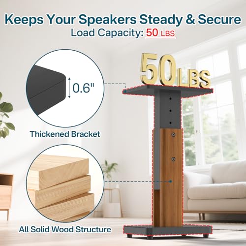Rimous Height Adjustable Speaker Stands Pair with Most Satellite, Studio, Bookshelf Speakers - Wood Grain Floor Speaker Stands for Klipsch, Edifier, JBL Bookshelf Speaker Stands Holds 50Lbs with Cable Clips - Image 4