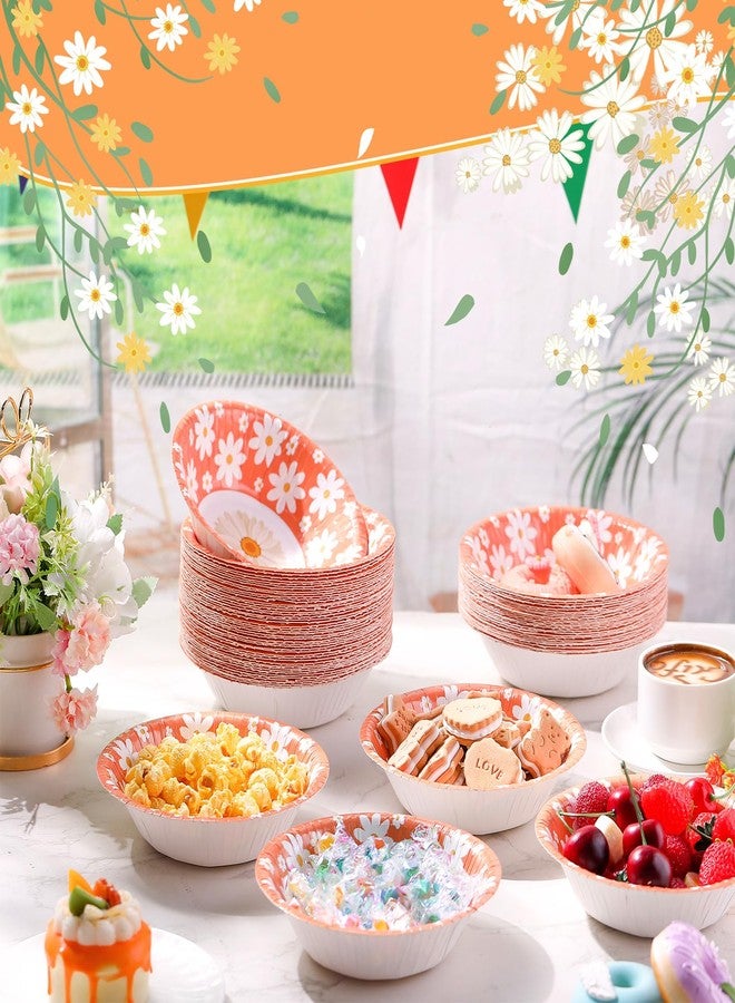 FoldTier 100 Pcs Easter Daisy Flower Print Paper Bowls Daisy Party Supplies Bulk Round Paper Disposable Pasta Bowls for Spring Theme Party Picnic Wedding Birthday Baby Bridal Shower(Orange) - Image 3