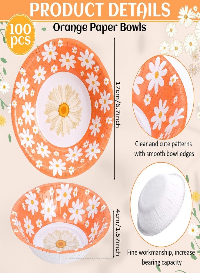 FoldTier 100 Pcs Easter Daisy Flower Print Paper Bowls Daisy Party Supplies Bulk Round Paper Disposable Pasta Bowls for Spring Theme Party Picnic Wedding Birthday Baby Bridal Shower(Orange) - Image 2