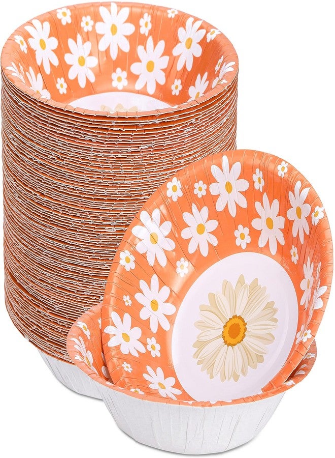 FoldTier 100 Pcs Easter Daisy Flower Print Paper Bowls Daisy Party Supplies Bulk Round Paper Disposable Pasta Bowls for Spring Theme Party Picnic Wedding Birthday Baby Bridal Shower(Orange) - Image 1