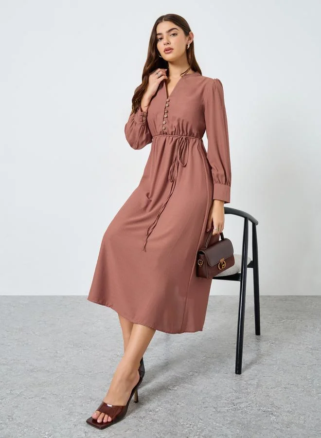 Maxim Creation Beige Long Sleeves Buttoned Maxi Dress